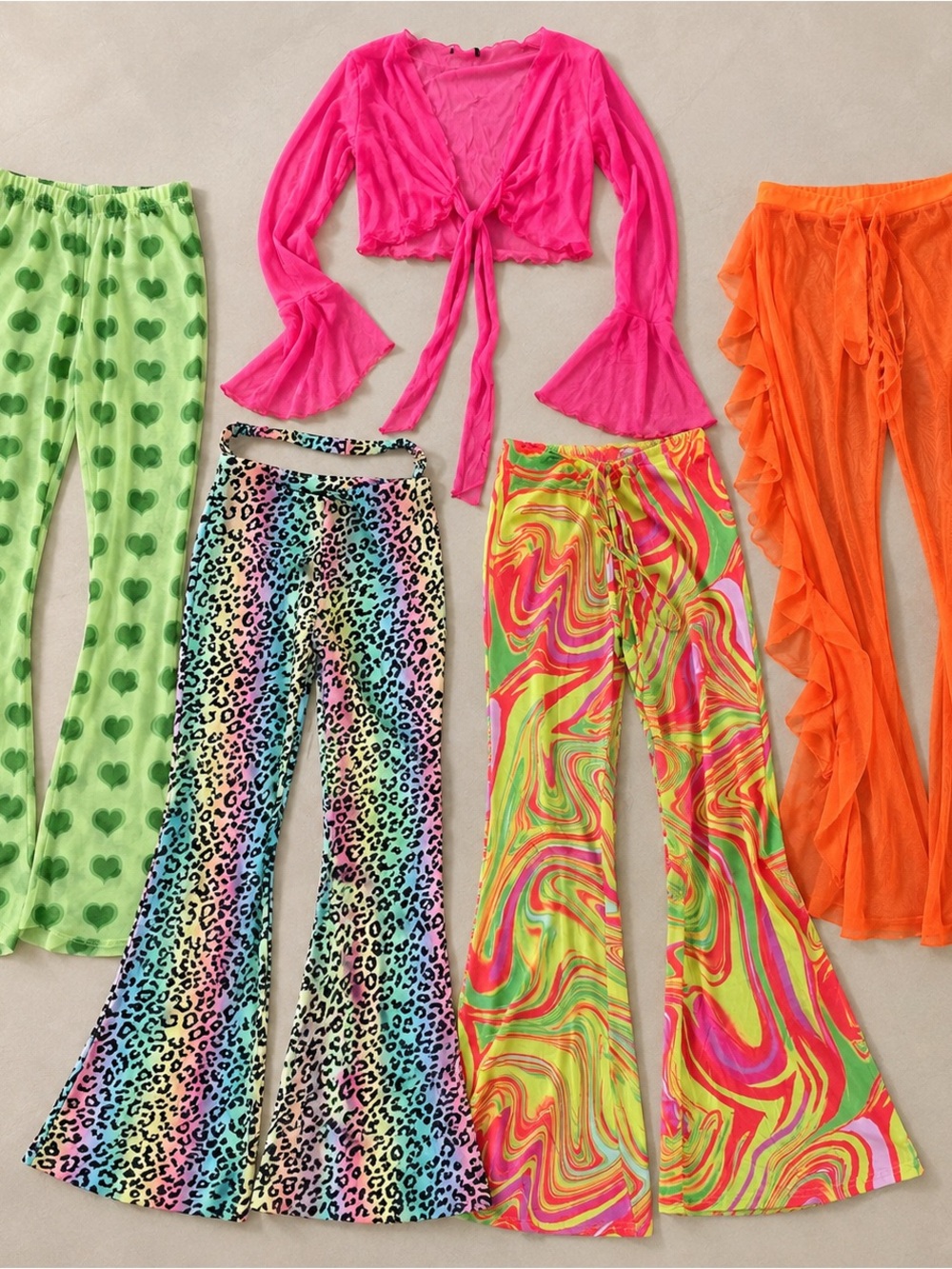 Women’s Y2K Festival / Rave Pants + Mesh Top Bundle – 5 Pieces
